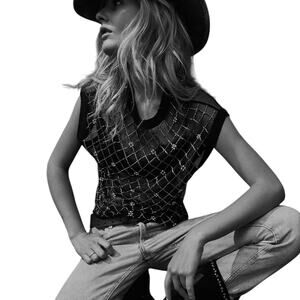 Free People Disco Nights Mesh Beaded Top Black Sheer Rhinestone Festival Unisex